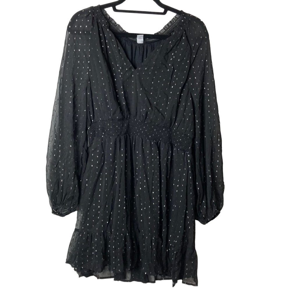 Old Navy Balloon Sleeve Dress Sz L Black Metallic Silver Sheer Chiffon Lined